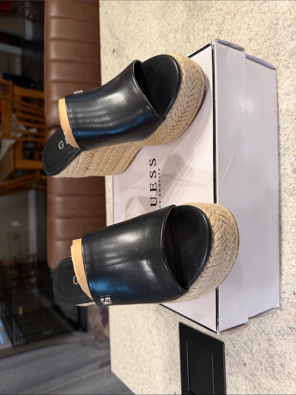 Guess Black Leather Espadrille Wedge Slides with Natural Rope Platform